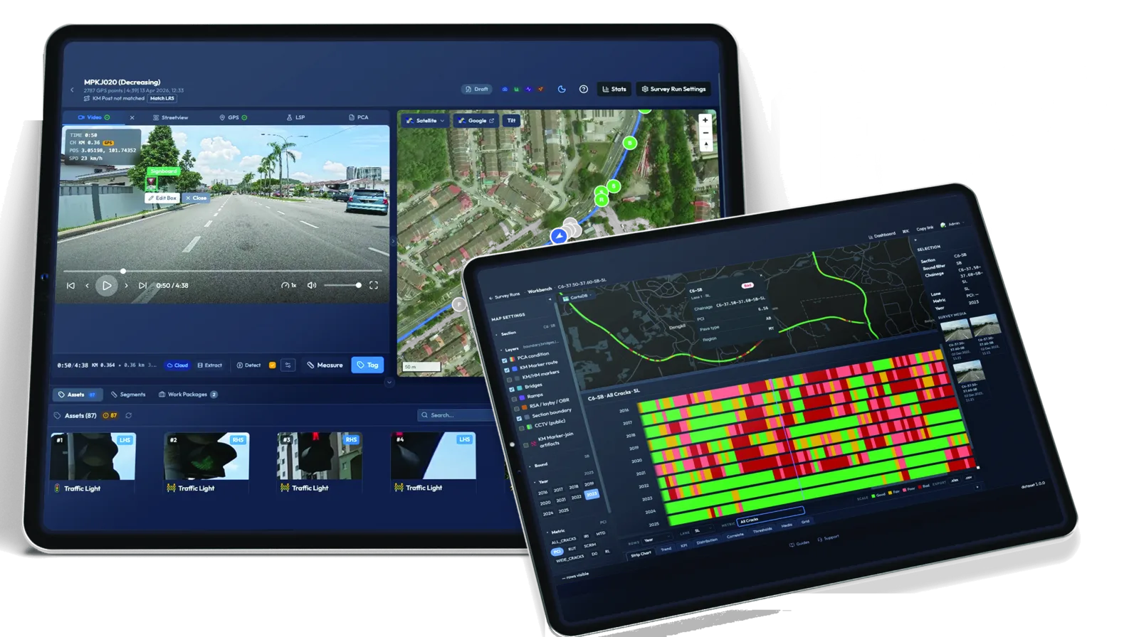 RAIMS on two tablets: a survey run with video, map and tagged assets, and the pavement condition workbench