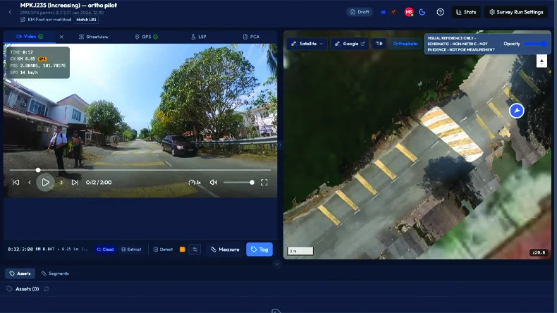 Survey video alongside a generated orthophoto of the same road