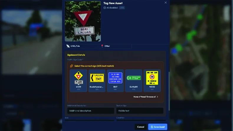 Tagging a road sign with AI-suggested sign codes
